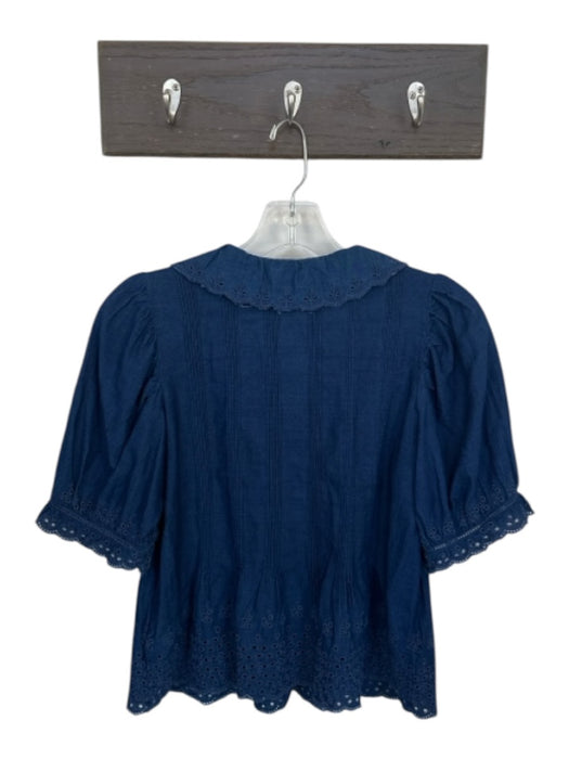 Gap x Doen Size XS Navy Cotton Short Balloon Sleeve Lace Trim Button Down Top Navy / XS