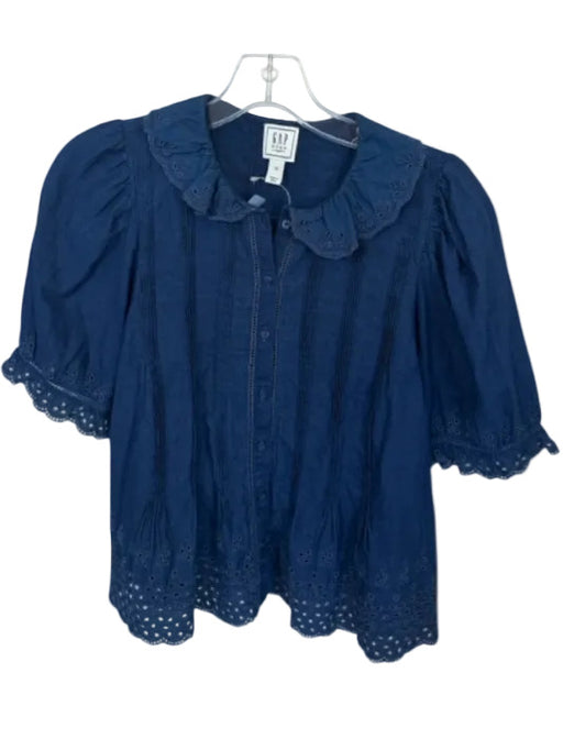 Gap x Doen Size XS Navy Cotton Short Balloon Sleeve Lace Trim Button Down Top Navy / XS