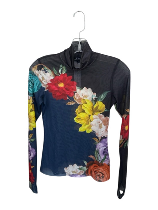 AFRM Size S Navy & Multi Polyester Blend Mock Neck Flowers Long Sleeve Top Navy & Multi / S