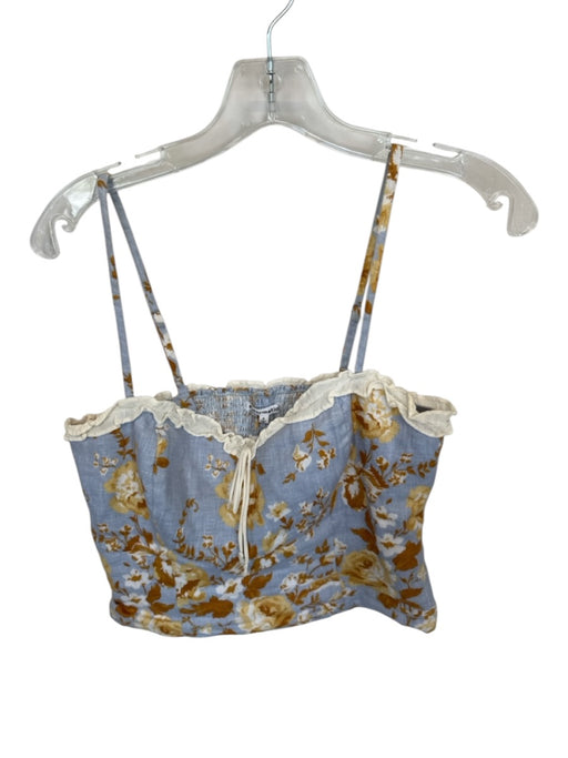 Reformation Size 4 Blue & Yellow Linen Floral Spaghetti Strap Cropped Top Blue & Yellow / 4