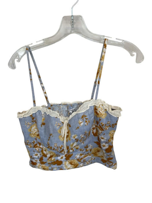 Reformation Size 4 Blue & Yellow Linen Floral Spaghetti Strap Cropped Top Blue & Yellow / 4