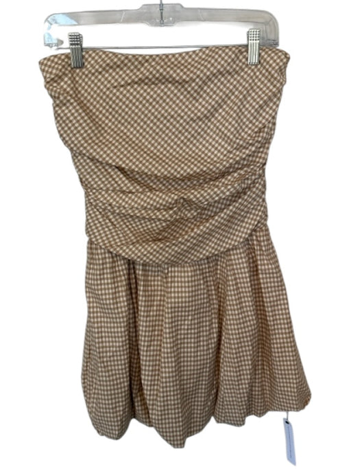 Reformation Size 6 Tan & cream Organic Cotton Strapless Gathered gingham Dress Tan & cream / 6