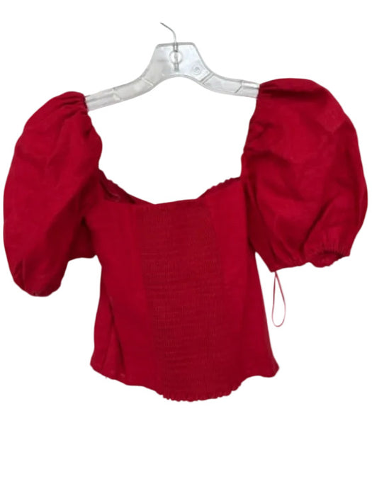 Reformation Size 6 Red Linen Short Balloon Sleeve Lace Trim Cropped Top Red / 6