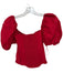 Reformation Size 6 Red Linen Short Balloon Sleeve Lace Trim Cropped Top Red / 6