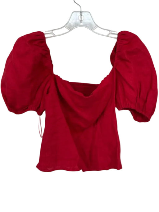 Reformation Size 6 Red Linen Short Balloon Sleeve Lace Trim Cropped Top Red / 6