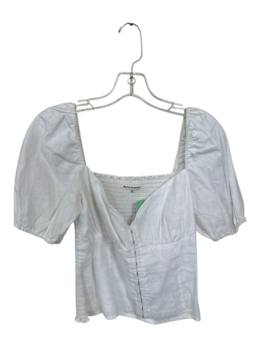 Reformation Size 6 White Linen Short Balloon Sleeve Hook & Eye Smocked Back Top White / 6