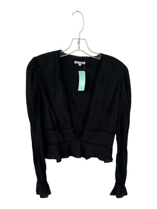 Reformation Size 8 Black Organic Cotton Long Sleeve Lace Detail Side Zip Top Black / 8