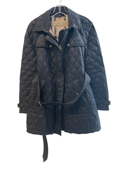 Burberry Size L Black Polyamide Quilted Zip Front Belted Collared Coat Black / L