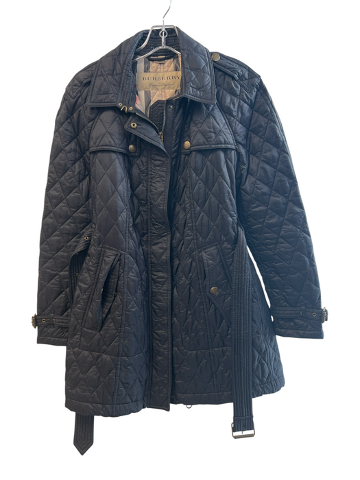 Burberry Size L Black Polyamide Quilted Zip Front Belted Collared Coat Black / L