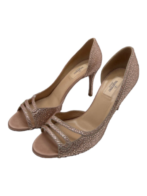 Valentino Shoe Size 39.5 Blush Pink Leather Crystals Midi Heel Open Toe Pumps Blush Pink / 39.5
