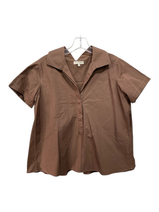 Ann Mashburn Size S Brown Cotton Collar Quarter Button Short Sleeve Top Brown / S