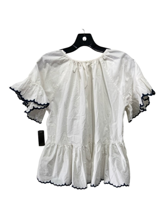 Ann Mashburn Size M/L White & Blue Cotton Ruched Scalloped Edge Short Length Top White & Blue / M/L