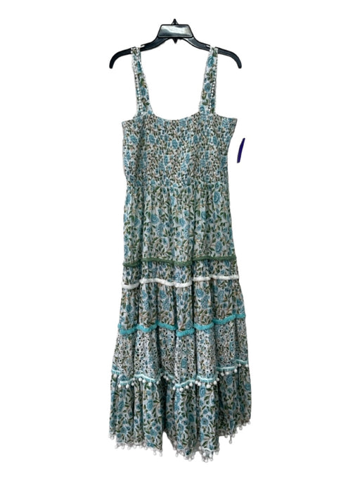 Zara Size XL White Blue Green Floral Pom Pom Trim eyelet Sleeveless Dress White Blue Green / XL