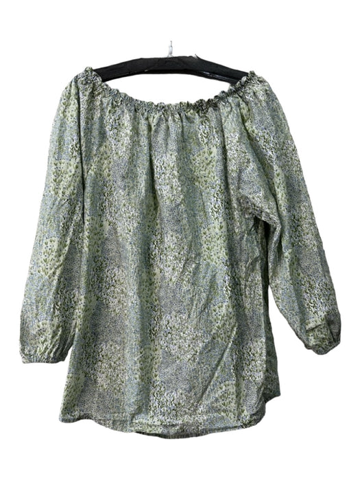 Ann Mashburn Size L Green & White Cotton Floral Wide Neck 3/4 Sleeve Top Green & White / L