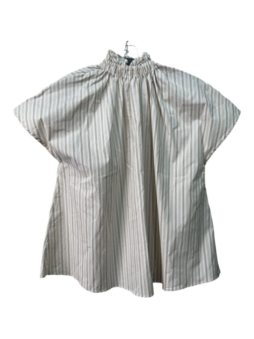 Ann Mashburn Size S Beige & White Cotton Ruffle Neck Striped Drop Shoulder Top Beige & White / S