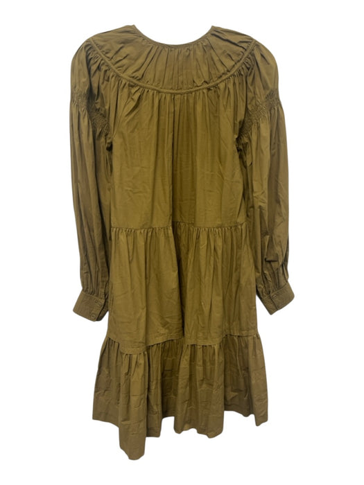 Ulla Johnson Size 0 Brown Green Cotton Long Balloon Sleeve Gathered Detail Dress Brown Green / 0