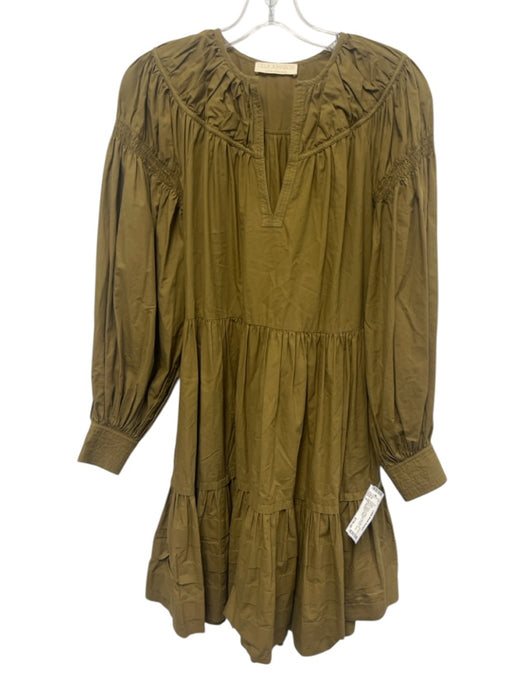 Ulla Johnson Size 0 Brown Green Cotton Long Balloon Sleeve Gathered Detail Dress Brown Green / 0