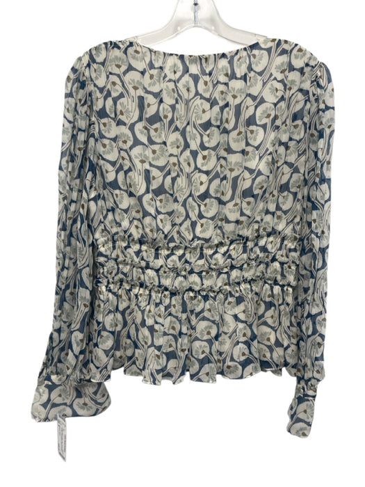 Rebecca Taylor Size 8 Cream White & Blue Silk Floral Sheer Overlay V Neck Top Cream White & Blue / 8