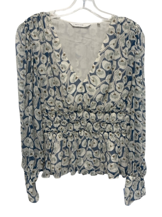 Rebecca Taylor Size 8 Cream White & Blue Silk Floral Sheer Overlay V Neck Top Cream White & Blue / 8