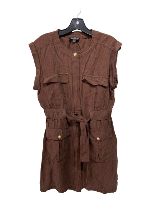 J Crew Size 10 Brown Linen Blend Belted Button Down Mini Cuff Sleeve Dress Brown / 10