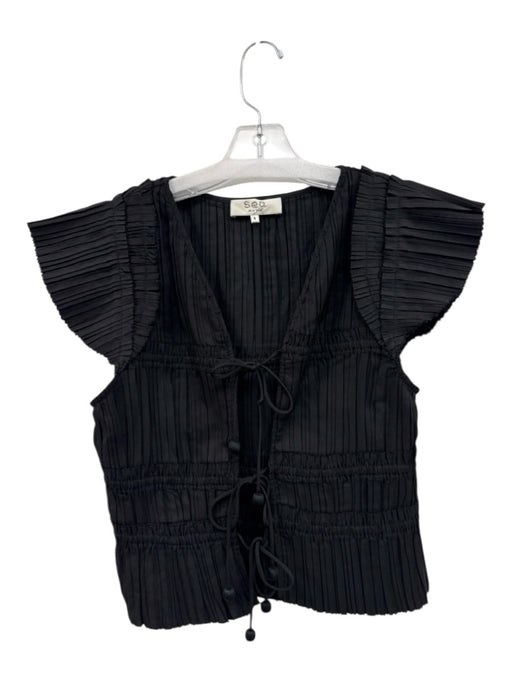 Sea New York Size S Black Polyester Cap Sleeve Accordion Pleat Tie Front Top Black / S