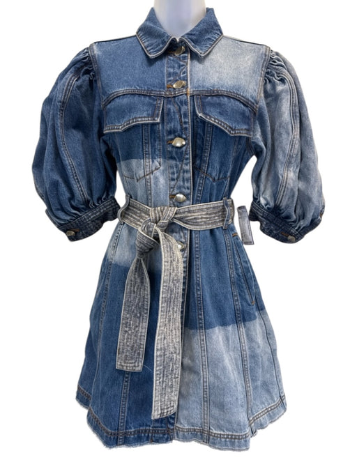 Aje Size 8 Medium & light wash Cotton Denim 1/2 Puff Sleeve Button Front Dress Medium & light wash / 8