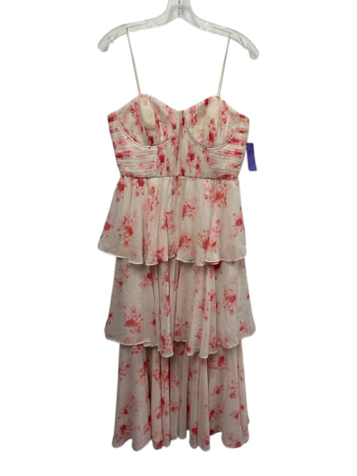 Self-Portrait Size 8 Cream White & Pink Polyester Abstract Floral Tiered Dress Cream White & Pink / 8
