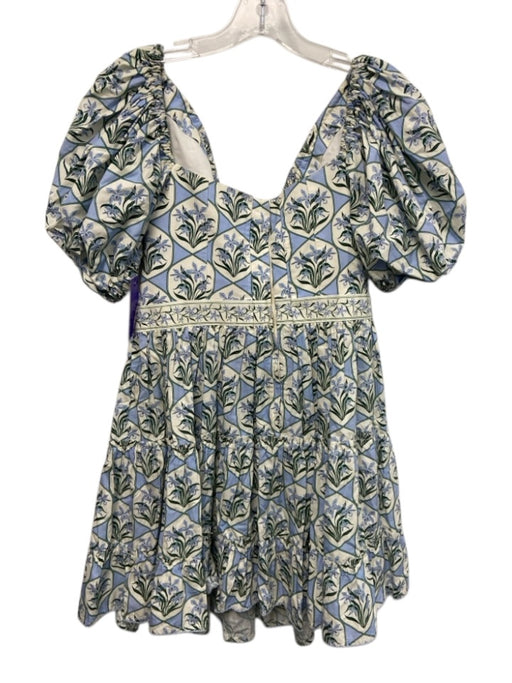 Agua by Agua Bendita Size XL Cream White & Blue Cotton Floral Off Shoulder Dress Cream White & Blue / XL