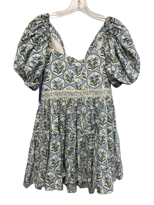 Agua by Agua Bendita Size XL Cream White & Blue Cotton Floral Off Shoulder Dress Cream White & Blue / XL