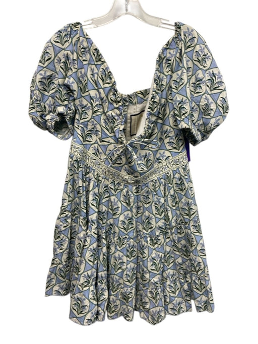 Agua by Agua Bendita Size XL Cream White & Blue Cotton Floral Off Shoulder Dress Cream White & Blue / XL