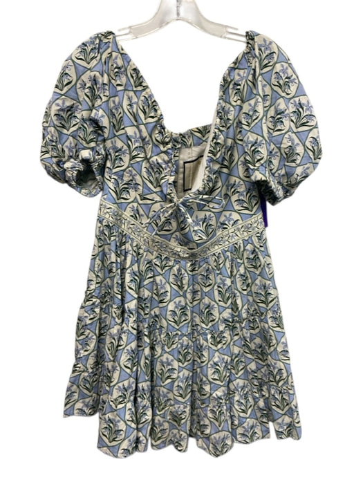 Agua by Agua Bendita Size XL Cream White & Blue Cotton Floral Off Shoulder Dress Cream White & Blue / XL
