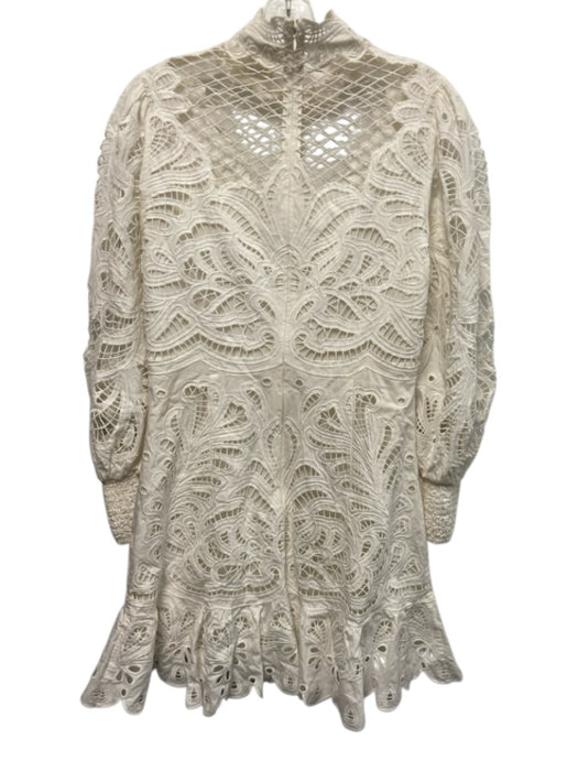 Alice + Olivia Size 8 White Cotton Open Lace High Neck Long Balloon Sleeve Dress White / 8