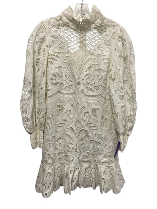 Alice + Olivia Size 8 White Cotton Open Lace High Neck Long Balloon Sleeve Dress White / 8