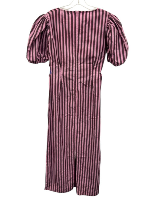 Ganni Size 44 Pink & Brown Cotton Striped Short Puff Sleeve Side Cut Outs Dress Pink & Brown / 44