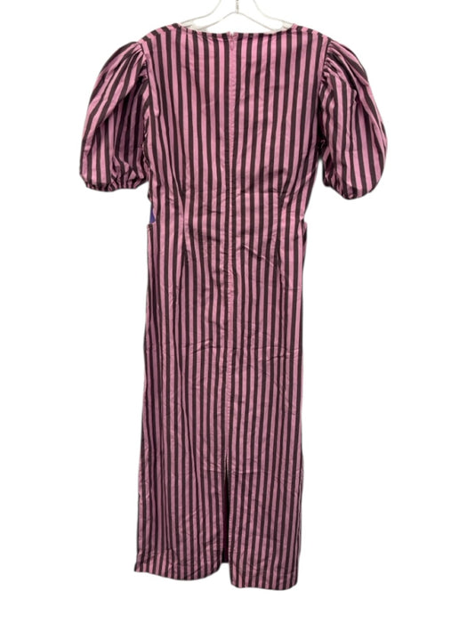 Ganni Size 44 Pink & Brown Cotton Striped Short Puff Sleeve Side Cut Outs Dress Pink & Brown / 44