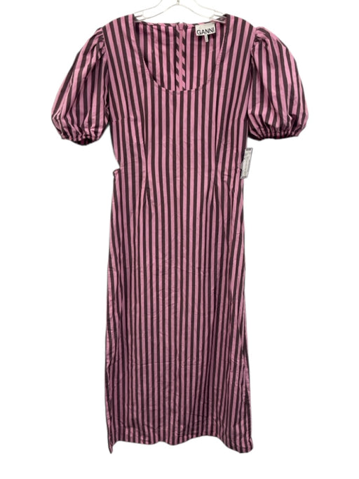 Ganni Size 44 Pink & Brown Cotton Striped Short Puff Sleeve Side Cut Outs Dress Pink & Brown / 44