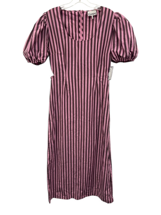 Ganni Size 44 Pink & Brown Cotton Striped Short Puff Sleeve Side Cut Outs Dress Pink & Brown / 44