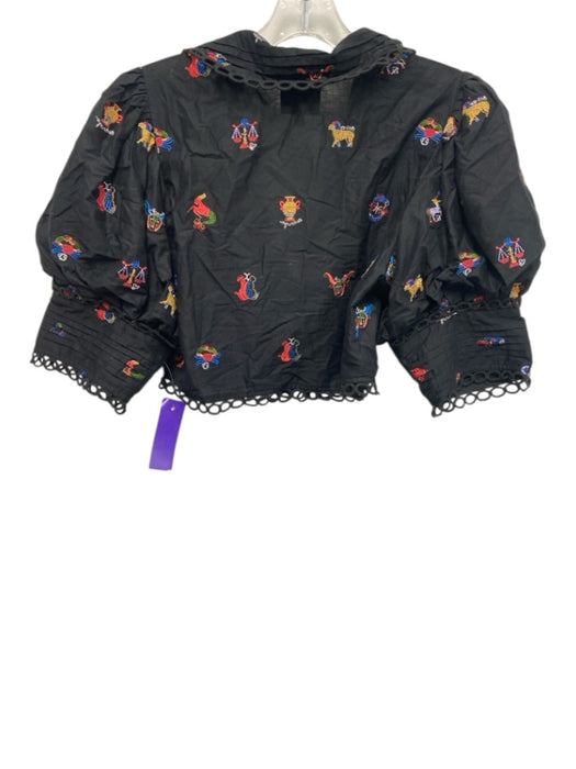 Farm Rio Size M Black & Multi Cotton Embroidered 1/2 Puff Sleeve Crop Top Black & Multi / M