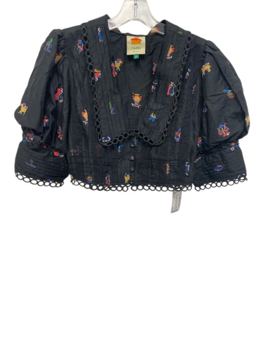 Farm Rio Size M Black & Multi Cotton Embroidered 1/2 Puff Sleeve Crop Top Black & Multi / M