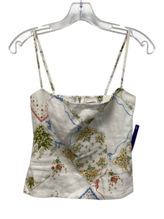 Reformation Size 6 White & Multi Linen Floral Bow Print Spaghetti Strap Tank Top White & Multi / 6