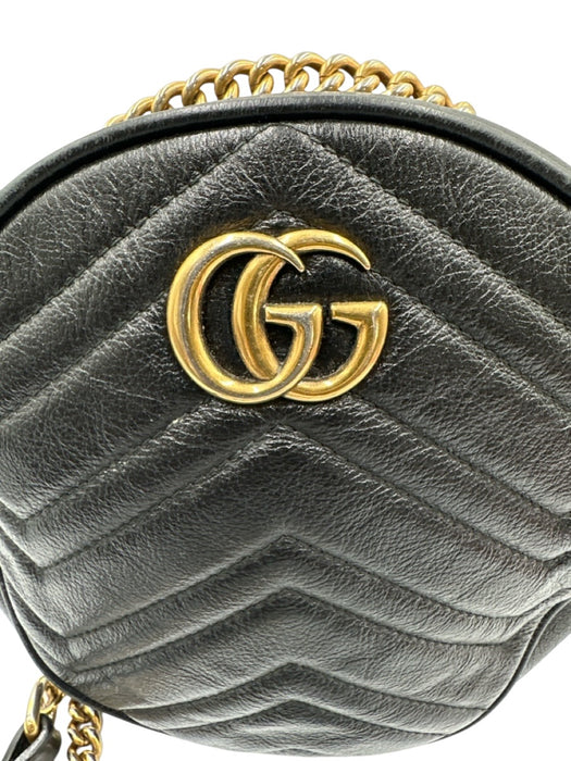 Gucci Black Leather Zip Top Chevron Quilt Circle Crossbody Bag Black