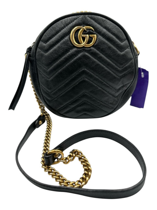 Gucci Black Leather Zip Top Chevron Quilt Circle Crossbody Bag Black
