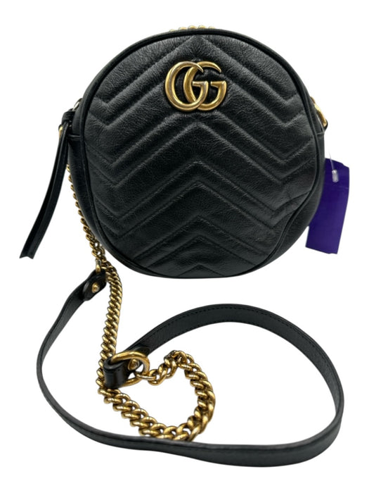 Gucci Black Leather Zip Top Chevron Quilt Circle Crossbody Bag Black