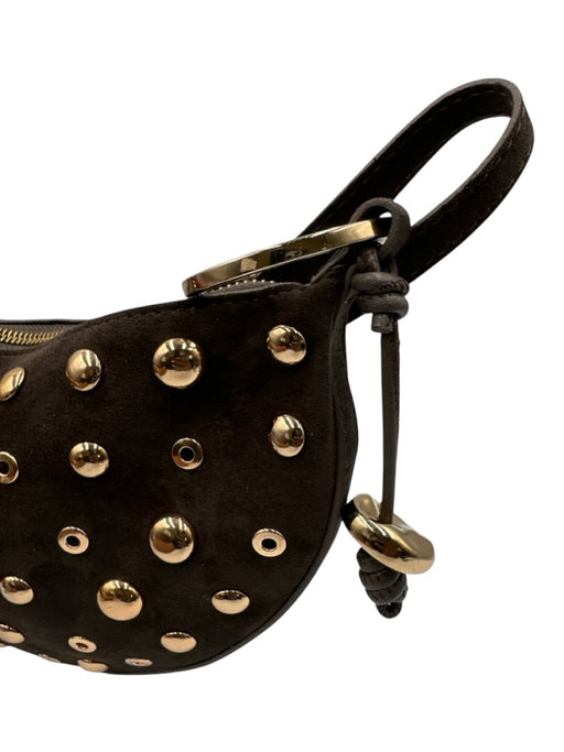 Zara Brown & Gold Suede Studded Zip Top Shoulder Bag Crescent Bag Brown & Gold / Small