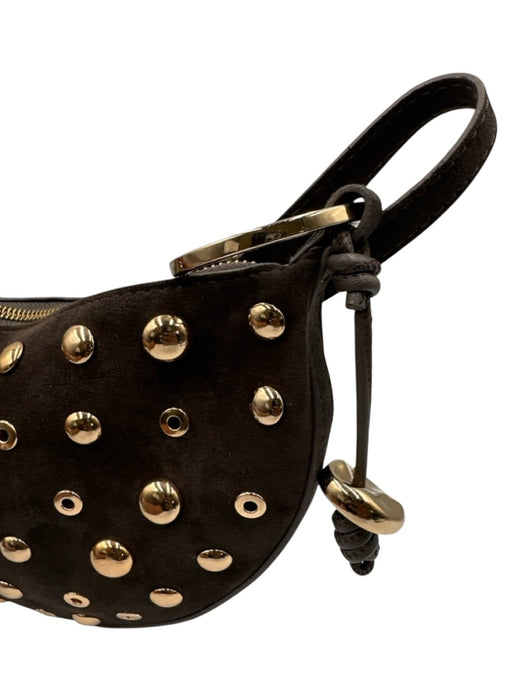 Zara Brown & Gold Suede Studded Zip Top Shoulder Bag Crescent Bag Brown & Gold / Small