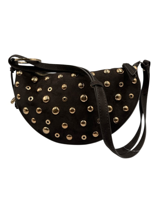 Zara Brown & Gold Suede Studded Zip Top Shoulder Bag Crescent Bag Brown & Gold / Small