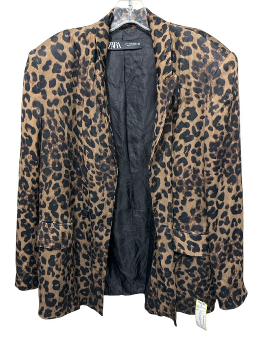 Zara Size M Brown & Black Viscose Lapel Leopard Print Blazer Jacket Brown & Black / M