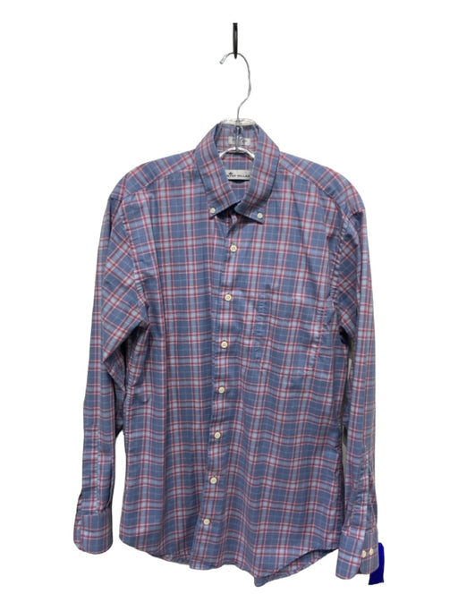 Peter Millar Size M Light Blue & Red Synthetic Plaid Men's Long Sleeve Shirt M