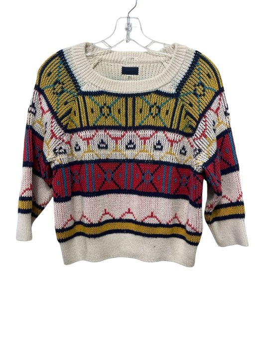 Mother Size XS Cream, Blue, & Multi Cotton Knit Long Sleeve Cropped Sweater Cream, Blue, & Multi / XS