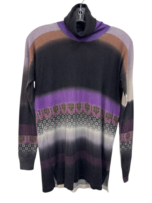 Etro Size 46 Black, Purple, Multi Silk & Cashmere Turtleneck Abstract Print Top Black, Purple, Multi / 46